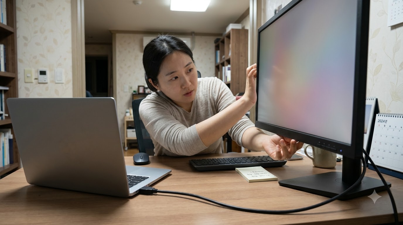 케이블 연결과 모니터의 물리 버튼을 확인하는 장면 · AI 생성 설명용 이미지