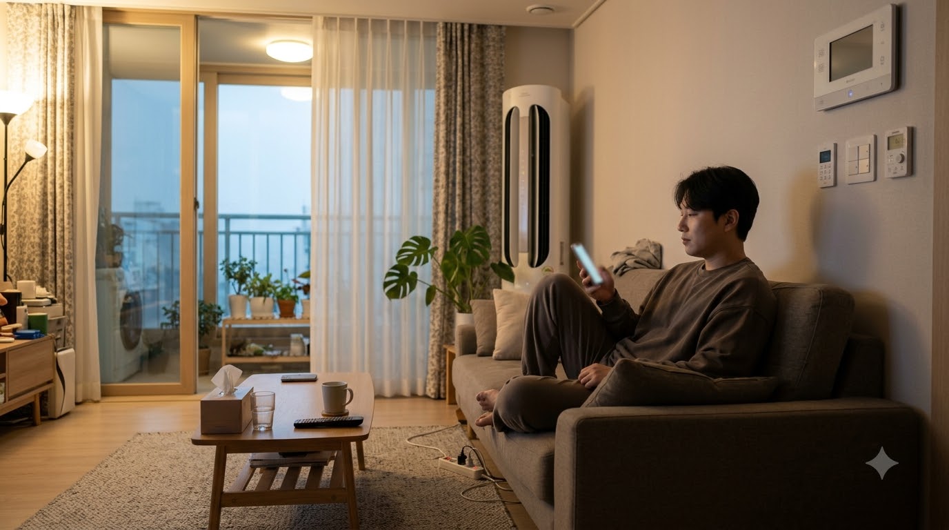 거실 소파에서 스마트폰을 보는 모습