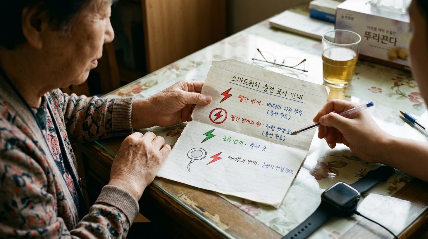빨간 번개는 전원 부족, 원 안의 초록 번개는 충전 중입니다. 케이블 표시는 충전 상태를 확인하세요.