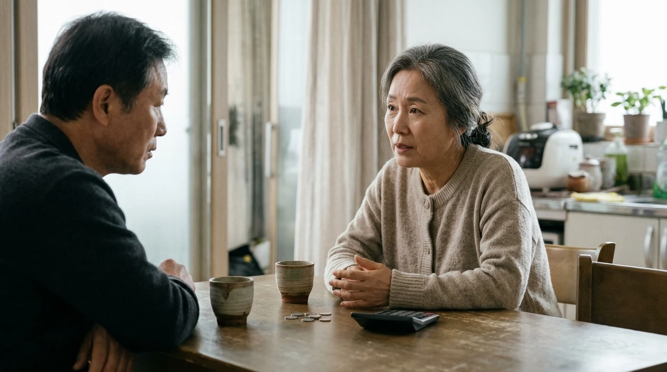 퇴직 후 첫 연금을 받기까지의 생활비를 함께 의논하는 부부의 연출 장면.
